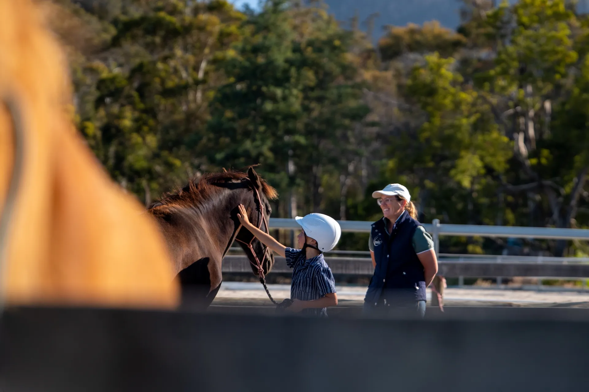 A young participant in a helmet reaching up to a horse, with a facilitator nearby